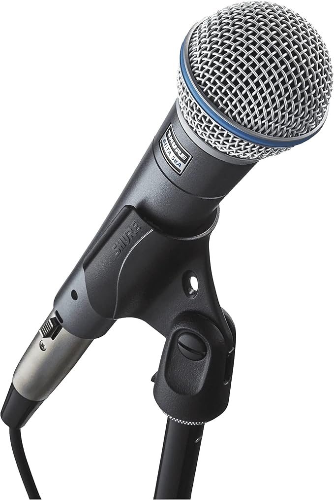 Shure BETA 58A Vocal Microphone - Single Element Supercardioid Dynamic Mic for Stage and Studio with A25D Adjustable Stand Adapter, 5/8” to 3/8” (Euro) Thread Adapter & Storage Bag, Brushed Nickel