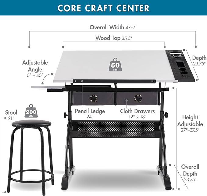 SD Studio Designs Core 2 Pc Craft Center - 35.5" W Angle Adjustable Drafting Table with Cloth Drawers, Side Shelf and Stool