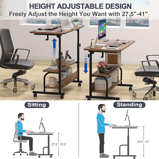 Armocity Rolling Standing Desk with Power Outlets, 32" Manual Height Adjustable Mobile Computer Desk with Wheels, Small Portable Sit Stand Laptop Couch Table for Bed & Sofa Home Office, Rustic Brown