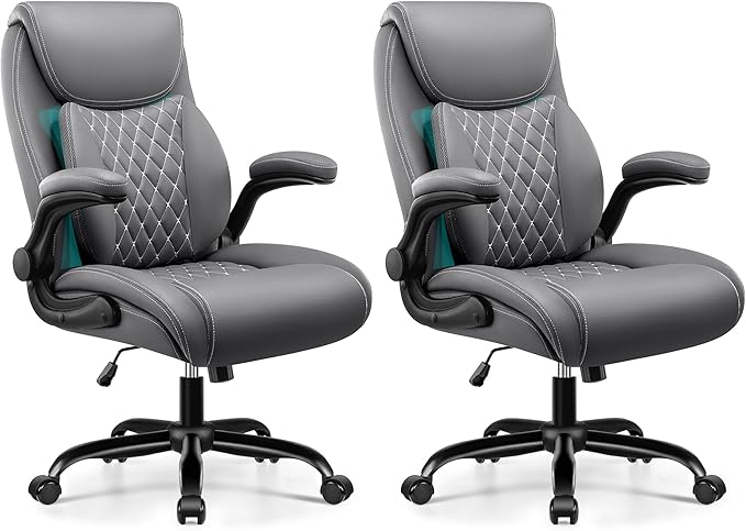 BESTFAIR Office Chair, Ergonomic Computer Desk Chairs with Lumbar Support for Lower Back Pain Relief, Executive Leather Home Chair Comfy with Padded Flip-up Armrests, Gray, 2-Pack
