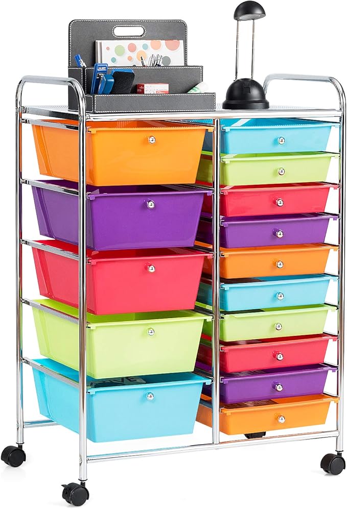 Moccha 15-Drawer Rolling Storage Cart - Under Desk Storage Drawers with wheels for Craft Art Supply Paper Salon, Scrapbook Paper Tools, Mobile Utility Cart for Classroom (15 Drawers, Multicolor)