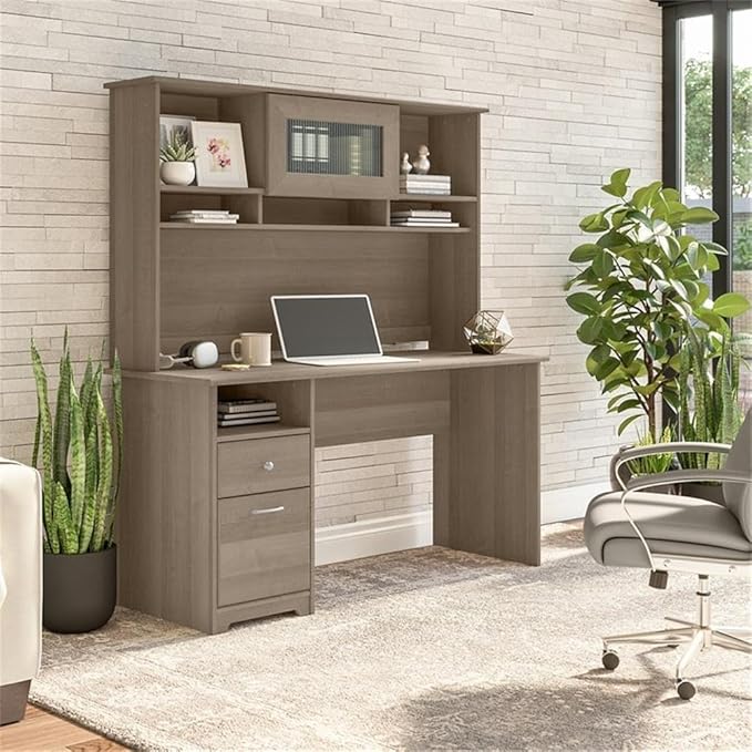 Bush Furniture Cabot 60W Single Pedestal Desk and Hutch, Ash Gray