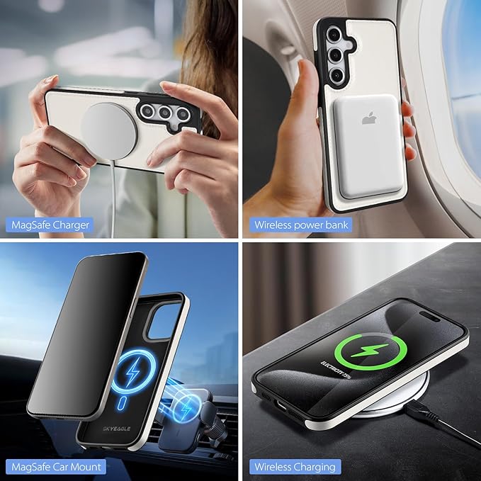 SkyEagle Compatible with Magsafe 2 in 1 Detachable Samsung Galaxy S25 Plus Wallet Case with Card Holder,Women Men Magnetic PU Leather RFID Blocking Flip Folio Kickstand Credit Slots,White