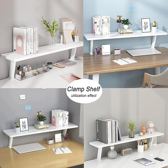 31.5x7.8in Clamp on Desk Shelf, Adjustable Desktop Organizer Extension Bookshelf Above Storage Rack Accessories for Home Office Organization White