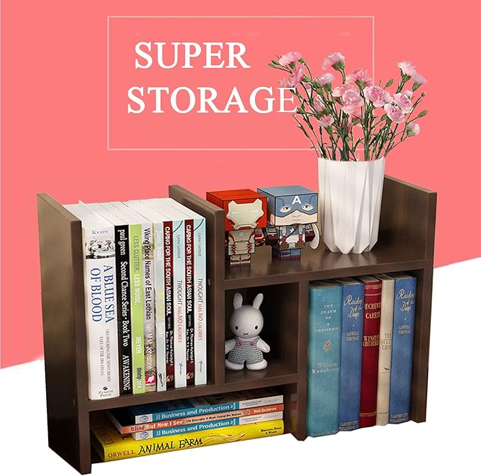 VOVCIG Desktop Organizer Expandable Office Storage Rack Adjustable Wood Display Shelf Rack Small Bookshelf Office Supplies Storage Shelf, 5 Units(Dark Brown)
