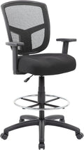 Benzara MEA Drafting Stool Chair, Adjustable Arms, Black Mesh, Chrome Footring