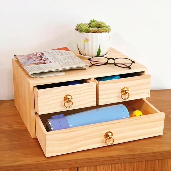 2 Layer Desk Organizer Wooden Desktop Organizer Tabletop Storage Organization Box Natural Wood Counter Drawer with Metal Handle 3 Drawer for Desk Accessories Home Office Counter Craft Decor