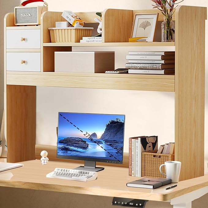 Desktop Bookshelf,Countertop Storage Hutch with 4 Shelves for Dorm Office Home,Wooden Hutch Bookshelf,Computer Bookcase 36.6in (Wood Color)