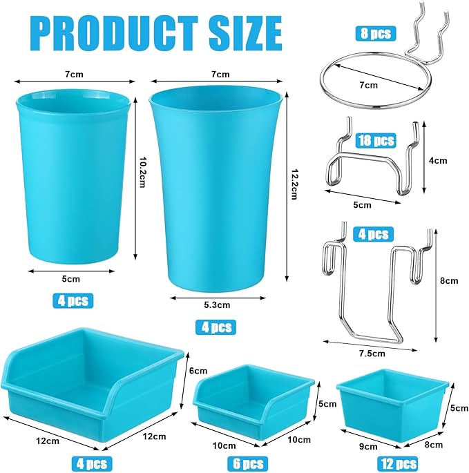 Roowest 60 Pcs Pegboard Cups Pegboard Bins Set, Wall Organizer with Hooks and Loops, Hooks Assortment Organizer Accessory for Office Storage Garage Craft Workshop(Blue)