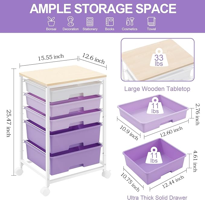 SYKIARIOL Utility Cart with 5 Drawers,Storage Drawer Cart with Wooden Tabletop and Lockable Wheels,Craft Storage Trolley Cart,5-Tier Rolling Utility Cart on Wheels,Purple