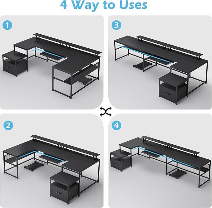 SEDETA U Shaped Gaming Desk,101.5''Reversible L Shaped Home Office Desk with Drawer & Power Outlet,Computer Two Person Desk with Monitor Shelf, Keyboard Tray, Black