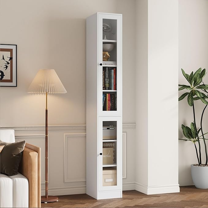 TUSY 85.5 Inch Tall Bookshelf with Doors - 7 Tier Bookcase with Glass Doors and Drawer, 23.6" Wide Storage Cabinet with Open Shelves for Living Room, White Book Shelf for Home Office, Study (D)