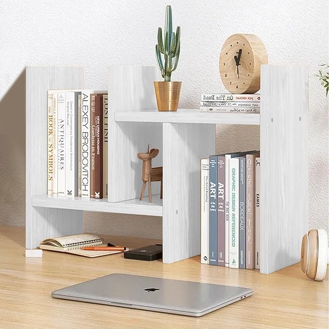 White Desk Organizer Shelf Wooden Desktop Bookshelf Adjustable Desktop Organizer Shelves Small Book Shelf for Office Desk Supplies Home Storage Natural Stand Decor (1*)