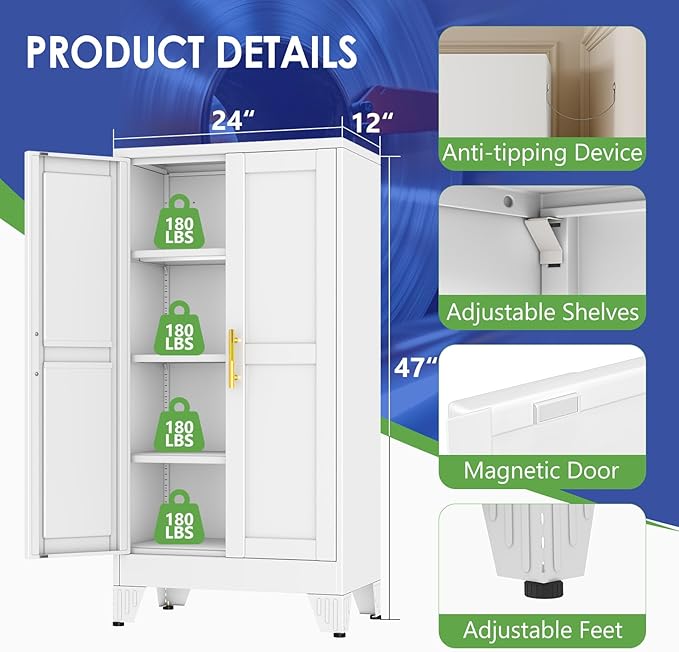 47" Metal Storage Cabinet with Adjustable Leveling Foot,Garage Storage Cabinets with 2 Doors and 3 Adjustable Shelves, Black Steel Cabinet for Office,Home,Garage(White)