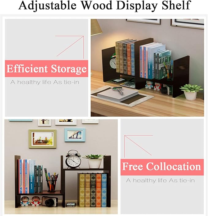 VOVCIG Desktop Organizer Expandable Office Storage Rack Adjustable Wood Display Shelf Rack Small Bookshelf Office Supplies Storage Shelf, 5 Units(Dark Brown)
