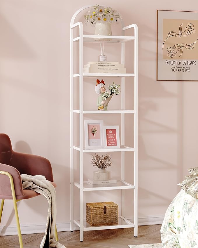 Hzuaneri Bookcase Bookshelf, Tempered Glass Bookshelves, Slim Shelving Unit for Bedroom, Bathroom, Home Office, Steel Frame, 6 Tier White BC10699W