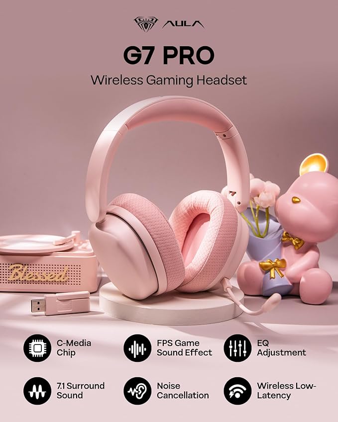 EPOMAKER X Aula G7 Pro Wireless Gaming Headset, Dual Mode BT5.3 & 2.4GHz, 7.1 Surround Sound, 80+ Hour Battery, RGB Light, with Noise Canceling Mic for PS5, PS4, Switch, PC (Pink)