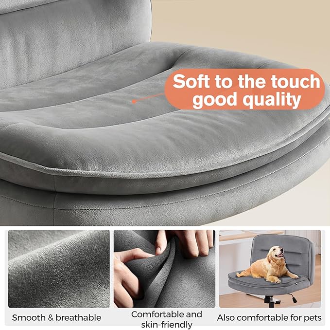 GTPLAYER Cross Legged Office Chair, Armless Desk Chair Cute Vanity Chair with Wheels Computer Chair Comfy Wide Office Chair Adjustable Swivel for Home Computer Task,Soft Velvet, Grey
