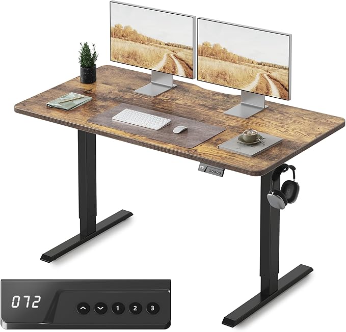 Cubiker Standing Desk, 55x24 Inches Sit Stand Home Office Desk, Electric Stand up Desk, Adjustable Desk with Splice Board, Black Frame/Rustic Brown Top