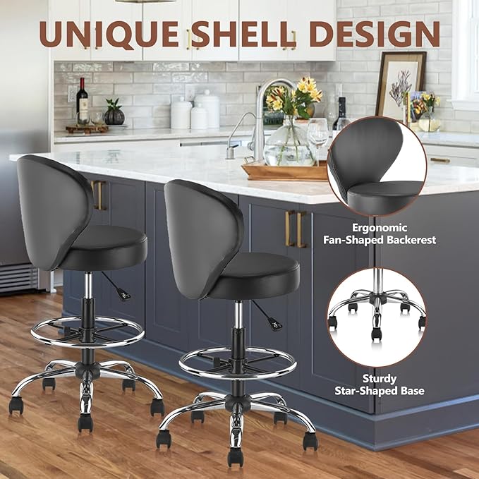 KLASIKA Black PVC Faux Leather Drafting Chair Set of 2 Rolling Swivel Salon Stool with Back Support Foot Rest Adjustable Hydraulic Seat Height for Massage Facial Spa Medical Drafting Tattoo Beauty