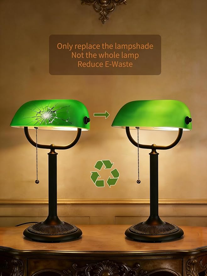 Newrays 1-Minute Quick-Change Shade Antique Green Glass Bankers Desk Lamp for Study, Office, Library,LED Bulb Included