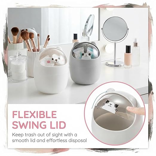 Yesland 2 Pack Desktop Mini Trash Bin with Swing Lid, Cute Bear Plastic Wastebasket Trash Can Countertop Garbage Storage Bucket for Home, Office, Kitchen, Vanity Tabletop, Bedroom, Grey & White