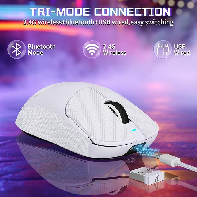 ATTACK SHARK X8SE Wireless Gaming Mouse,Adjustable 25K DPI PAW3311 Optical Sensor,Ergonomic 59g Lightweight,Triple Modes 2.4G/BT/USB-C,500mAH Battery,5 Programmable Buttons for PC/Mac-White&Griptape
