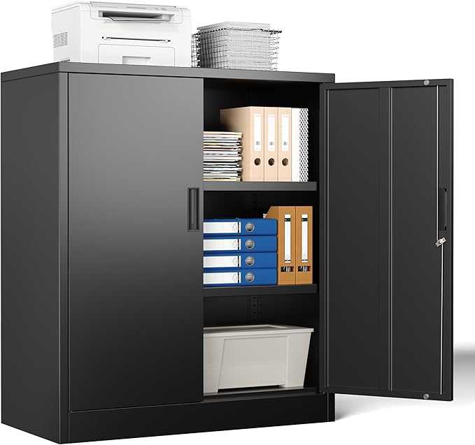 Metal Storage Cabinet, 36" H Locking Storage Cabinet, Metal Cabinets with Doors and 2 Adjustable Shelves for Home, School, Office, Garage, Black