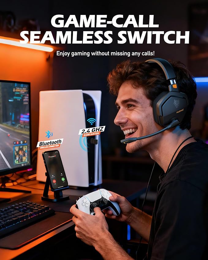 NUBWO Wireless Gaming Headset with Mic for Ps5 Ps4 PC, Zero Interference, 100-Hour Battery All-Day Play, 23ms Sync for Fortnite & Call of Duty/FPS Gamers, Triple Mode All Devices Compatible - Orange