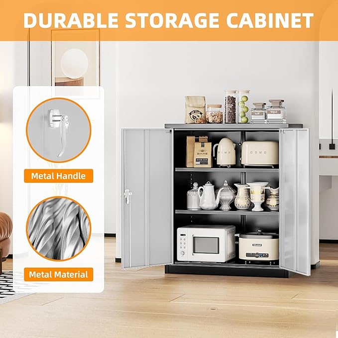 SUNCROWN Metal Storage Cabinets, 36”Locking Cabinet with Doors and Adjustable Shelves, Steel Utility Tool Garage Cabinets for Home, Office, Kitchen,Warehouse （Grey & Black）