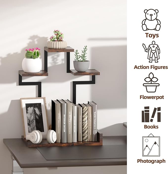 Desk Shelf Organizer, 4 Tier Small Desk Organizer, Wooden Desktop Shelf with Metal Frame, Bookshelf for Office, Kitchen, Books, Plants, Toys, Rustic Brown Black