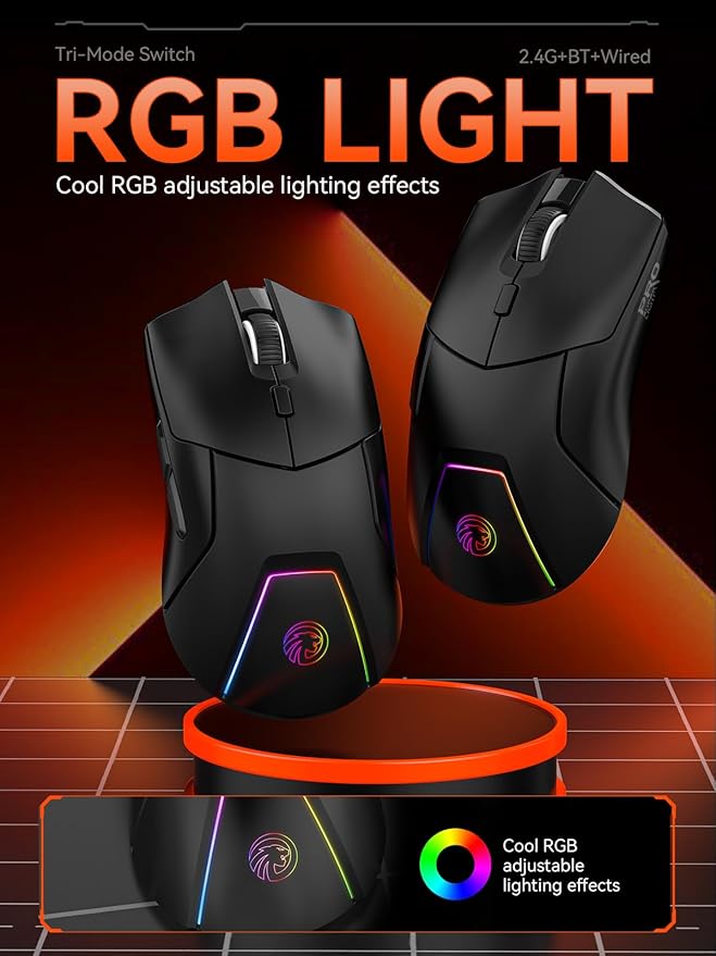FMOUSE Wireless Gaming Mouse, PAW3311 Sensor, 12,000 DPI, 1,000Hz, Tri Mode (2.4G/Bluetooth/Wired), Ergonomic, USB C Rechargeable, 6 Programmable Buttons, Side Keys Mice for PC/Laptop/Mac (Black)
