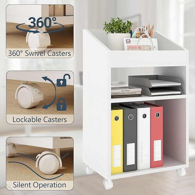 3-Tier Mobile Files Cabinet, Under Desk White Storage Organizer with Wheels for Home Office (White)