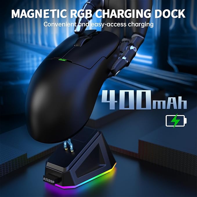 Ajazz AJ159 Dual Mode 2.4G/USB-C 56g Lightweight Gaming/Office Mouse with PAW3395 Sensor, 5 Programmable Buttons Up to 26KDPI with Magnetic Charging Dock for PC/Laptop/Win/Mac (Black)