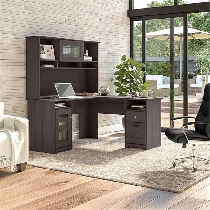 Pemberly Row 60" L-Shaped Wood Desk with Hutch, Heather Gray Finish, Durable Office Desk with Storage Cabinet, Fluted Glass Door, USB Hub, Wire Management, Home Office Workspace