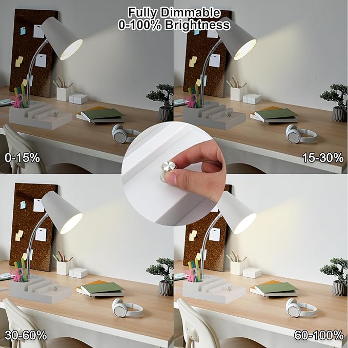 LALISU Study Desk Lamp with USB Charging and Type-C Night Light, Gooseneck LED Table Lamp Stepless Dimming Study Table Lamp with Pen Holder for College Dorm Bedroom and Office (White)