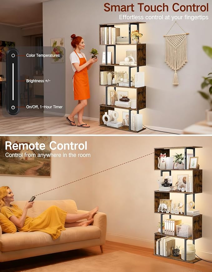 6 Tier S-Shaped Geometric Bookcase with LED Light, Touch & Remote Control, Wide Tall Freestanding Display Shelf, Industrial Storage Cabinet for Living Room, Bedroom, Office