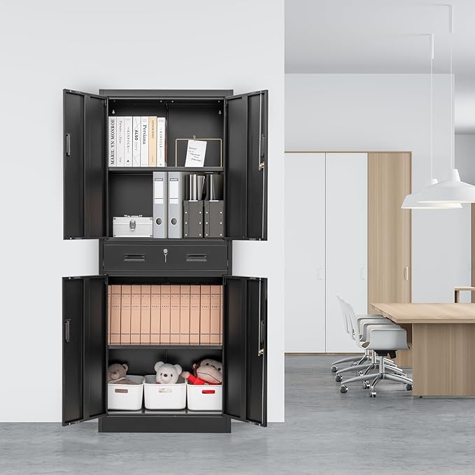 71" H Tall Metal Storage Cabinet with Drawer, Metal Garage Storage Cabinet with Lock and 2 Adjustable Shelves for Home, Office, Garage, Warehouse Organize, Black