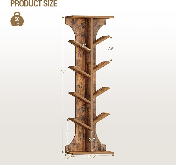 Hzuaneri Tree Bookshelf, 11 Tier Narrow Bookcase, Display Shelf, Book Organizer, Small Floor Standing Book Shelf for Bedroom, Living Room, Home Office, Rustic Brown BC01601X