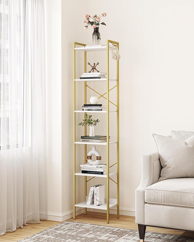 Hzuaneri Bookshelf, Book Shelf, Industrial Bookcase with 2 Hooks, Coner Shelf Storage Organizer for Home Office, Living Room, Bedroom, Kitchen, 6-Tier White-Gold BC10713G