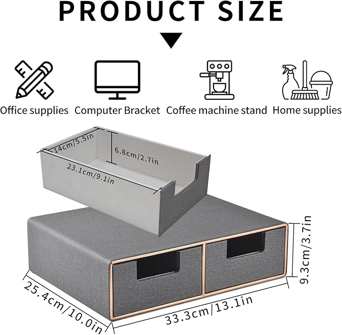 Pu Leather Stackable Desk Drawer Organizer,2-Drawers Desk Caddy for Office Bathroom Bedside Table Dressing Table,Grey
