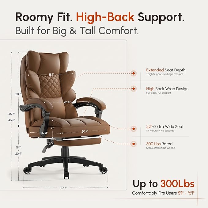 Dowinx Big and Tall Office Chair with Pocket Spring Cushion,High Back Computer Gaming Chairs with Linkage Armrests,Executive Desk Chairs with Footrest,PU Leather-Brown