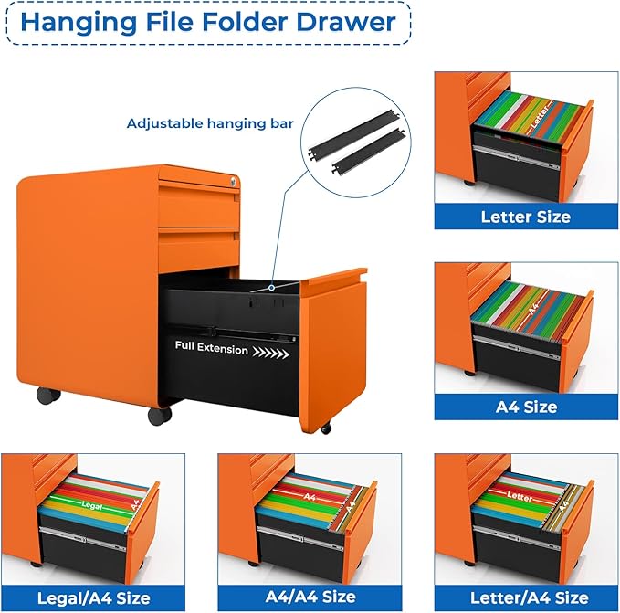 Dripex 3 Drawer Orange File Cabinet, Mobile Under Desk Storage File Cabinet with Lock on Wheels, Letter/Legal Size,Fully Assembled, Small Short Vertical Metal Rolling Filing Cabinets for Home Office