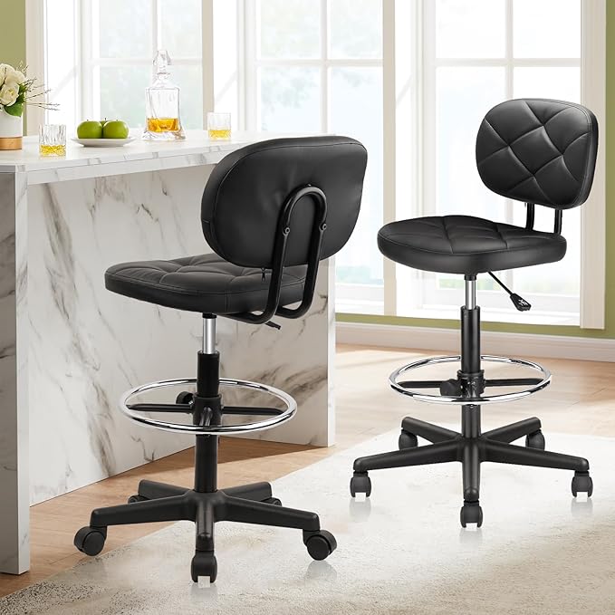 KLASIKA Tall Drafting Rolling Stool Chair with Low Back Support and Adjustable Foot Rest Ring Set of 4 PU Leather Vinly Wide Seat Swivel Standing Desk Chair for Office Home 4 Pack