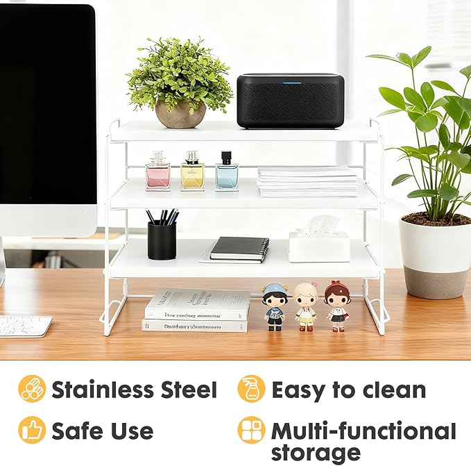PowerKing Desk Shelf Organizer, 3-Tier Desktop Shelves with Wood Board, Adjustable Bookshelf Storage Rack for Home Office School Study Room (White Frame + White Wood)