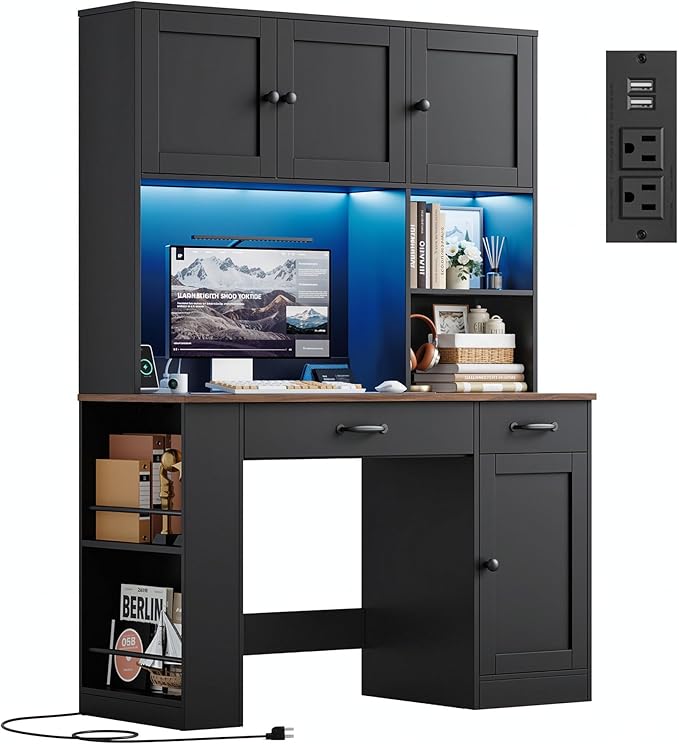 Keyluv 71" Tall Computer Desk with Hutch Cabinet, Home Office Desk with Storage Drawers Shelves and Side Rack, Wood Executive Desk with Doors, Outlet Station and Smart LED Lights, Black