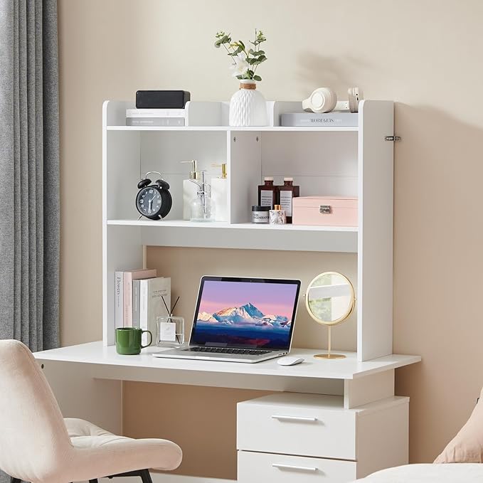Nromant Desktop Bookshelf, Wooden Desk Storage Hutch with 5 Shelves, 3-Tier Desktop Display Organizer Rack for Office Home (White, 5 Shelves B)