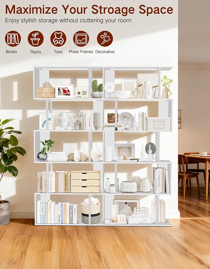 6 Tier S-Shaped Geometric Bookcase with LED Light, Touch & Remote Control, Wide Tall Freestanding Display Shelf, Industrial Storage Cabinet for Living Room, Bedroom, Office(White)