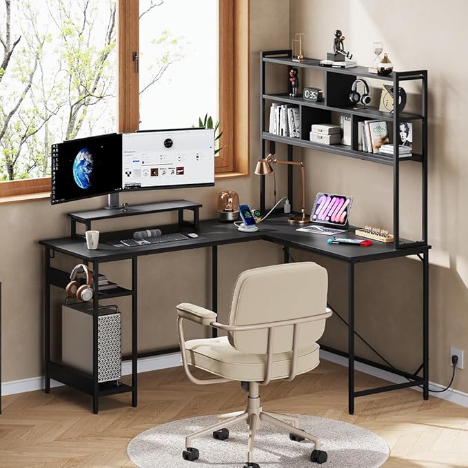 DEVAISE L Shaped Gaming Desk with Hutch, Reversible Computer Desk with LED Light, 3-Tier Shelves, 2 AC+2 USB Outlet and Monitor Stand, Corner Desk with Storage for Home Office (Black, 60 Inch)