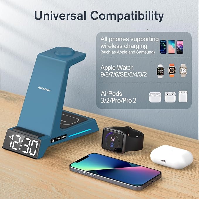 ANJANK Wireless Charging Station for Multiple Devices Apple, 3 in 1 Wireless Charger Stand with Alarm Clock, Charging Dock for iPhone 16/15/14/13/12/11/Pro/Max/XR/XS/8 Plus/iWatch/AirPod